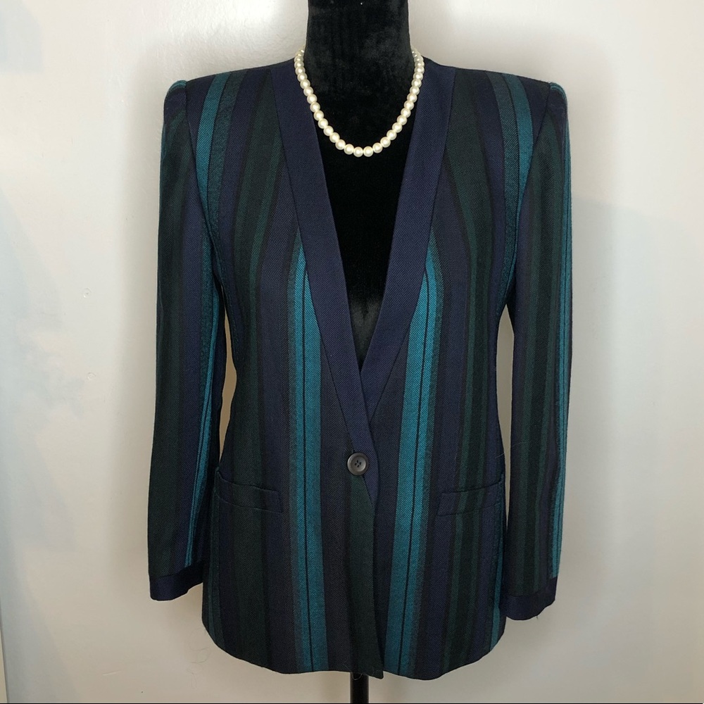 KASPER Petite Blue Green Striped Blazer